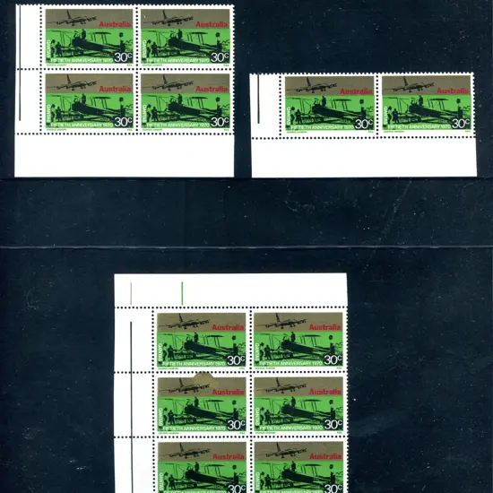 1970 30¢ Qantas block of 6 with a major gold ink ...
