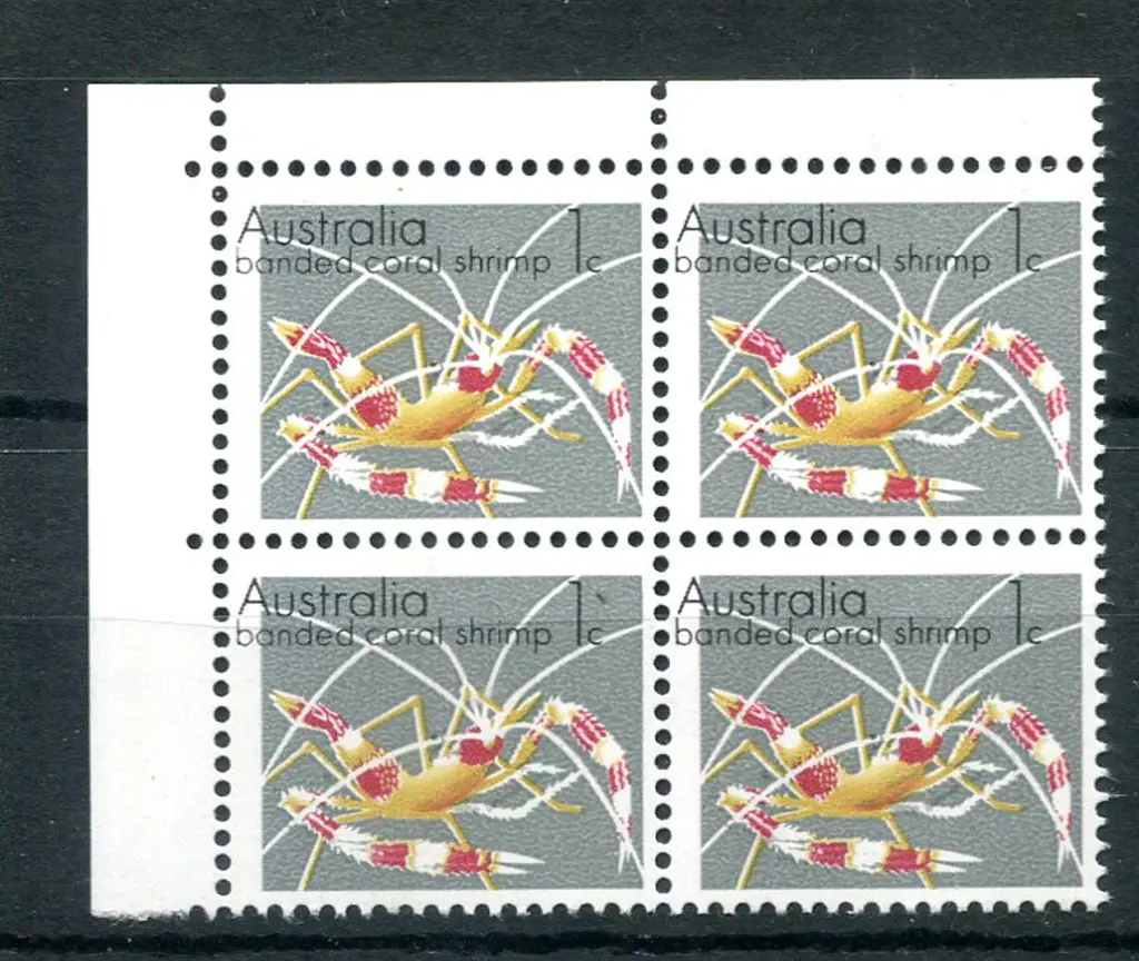 1973 1c Shrimp top left marginal corner block of 4 ... Image 1++