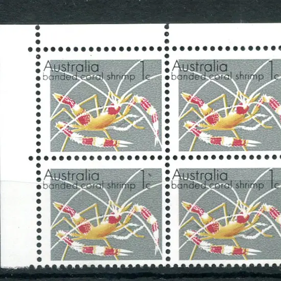 1973 1c Shrimp top left marginal corner block of 4 ...