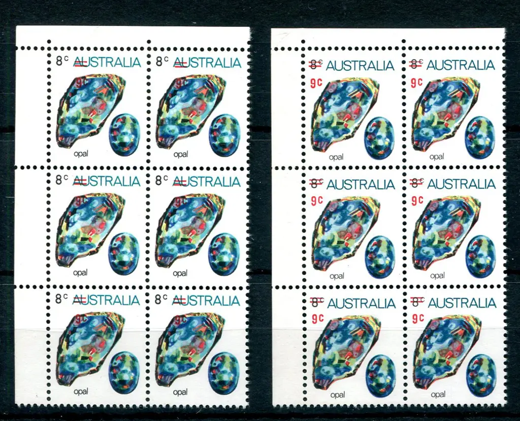 1974 9¢ on 8¢ Opal top left corner block of 4 with ... Image 1++
