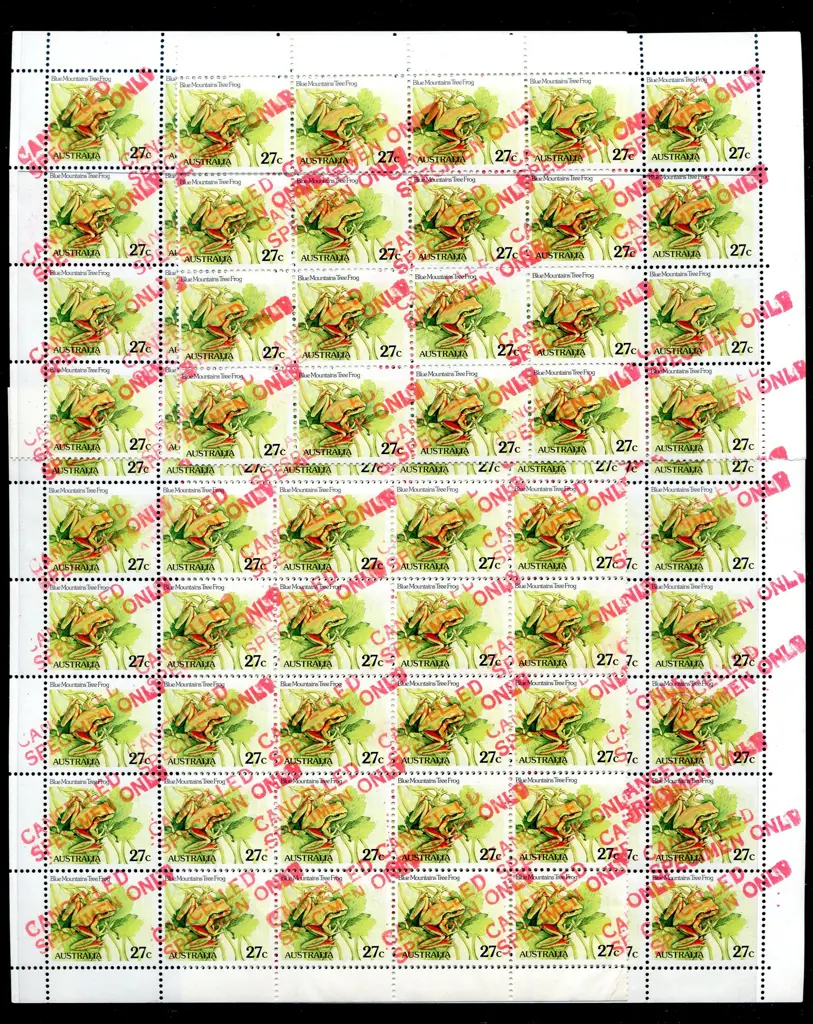1982 27c Tree Frog sheet of 100 separated into 4 ... Image 1++