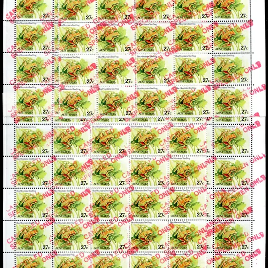 1982 27c Tree Frog sheet of 100 separated into 4 ...