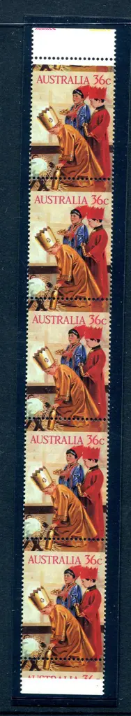 1986 36c Christmas vert strip of 5 with both top & ... Image 1++