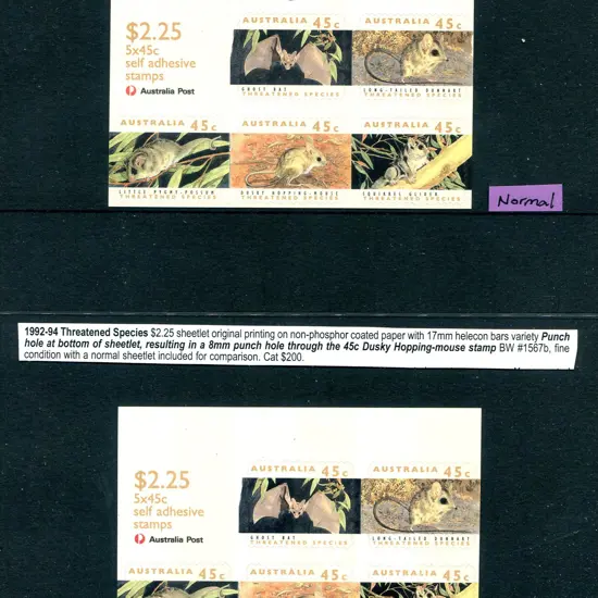 1992 $2.25 Threatened Species sheetlet of 5 with ...