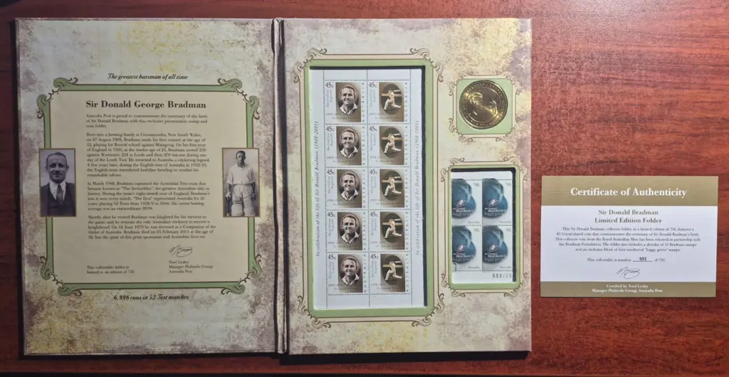 2001 Sir Donald Bradman folder with $4.50 sheetlet ... Image 1++