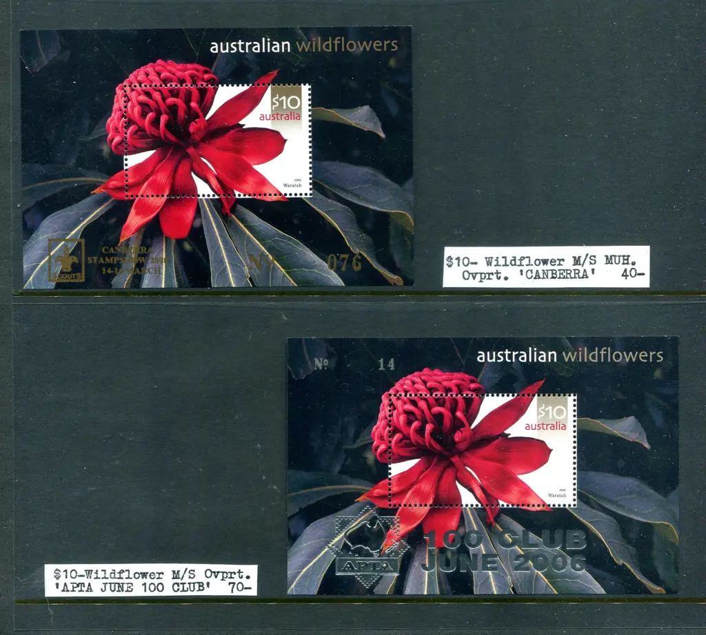 2006 $10 Wildflowers embossed M/S's x 2 ovptd ... Image 1++