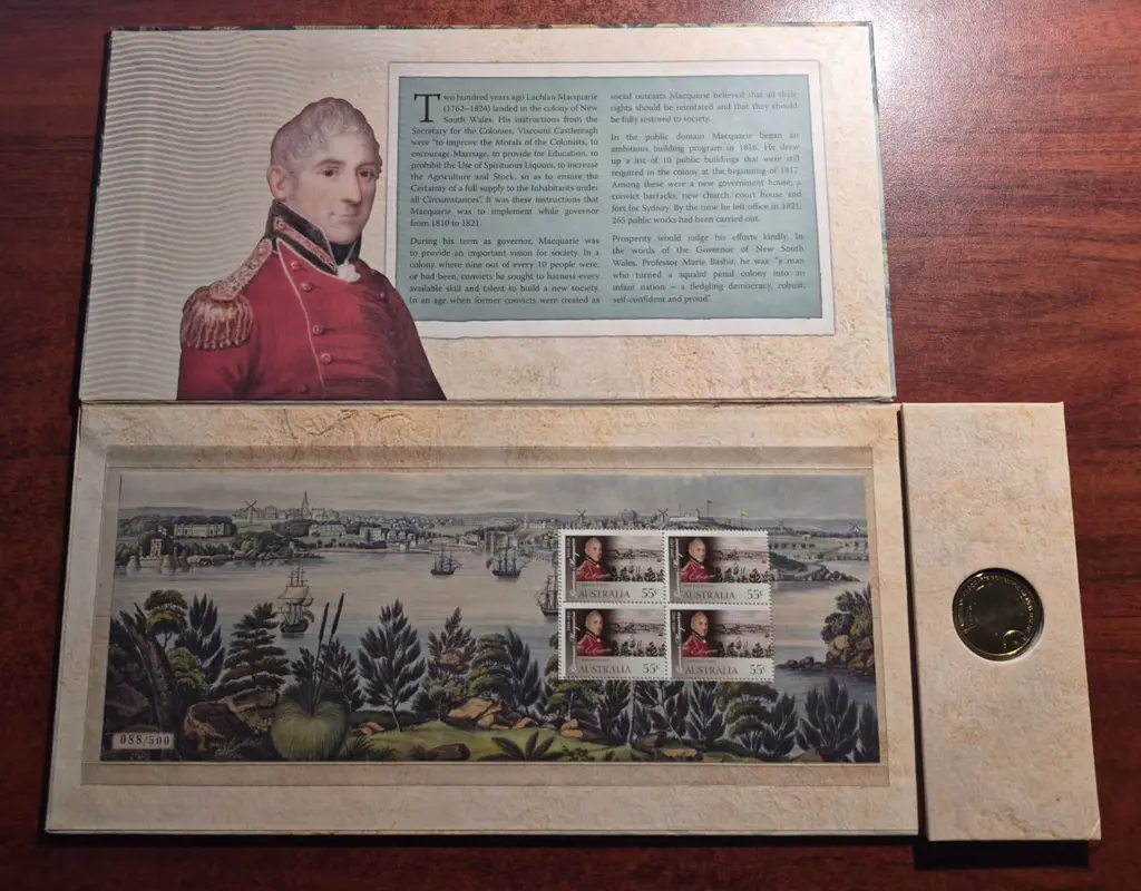 2010 Lachlan Macquarie $1 coin & stamp miniature ... Image 1++
