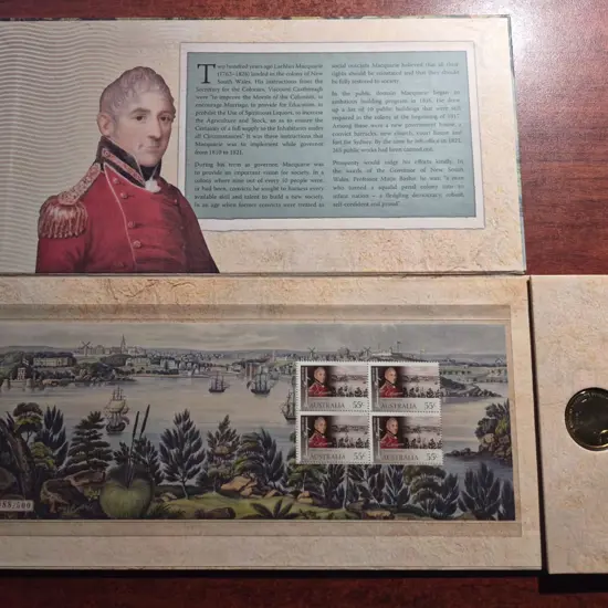 2010 Lachlan Macquarie $1 coin & stamp miniature ...