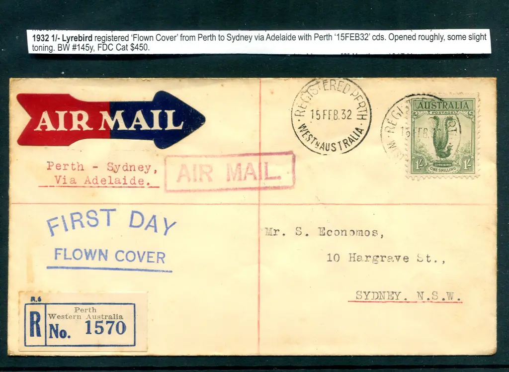 1932 (15th Feb) 1/- Lyrebird on "FIRST DAY FLOWN ... Image 1++