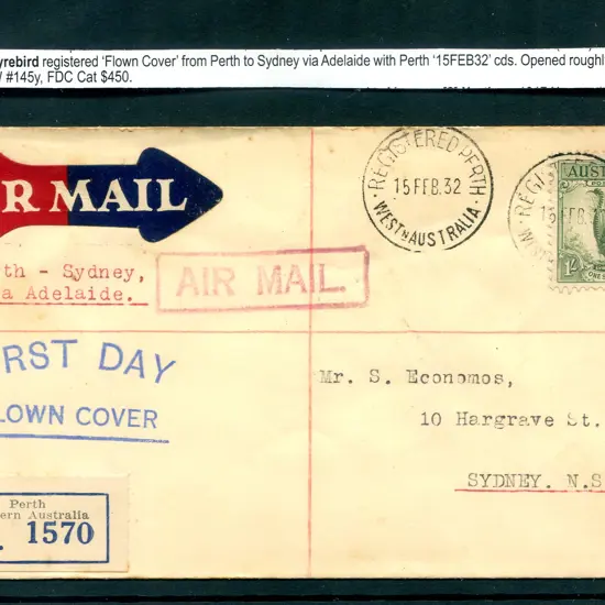 1932 (15th Feb) 1/- Lyrebird on "FIRST DAY FLOWN ...