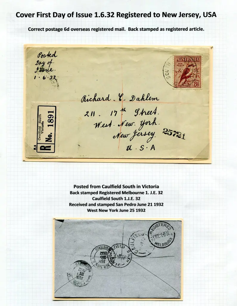 1932 (1st June) 6d kookaburra on Caulfield South, ... Image 1++