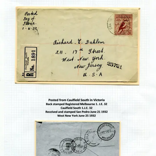 1932 (1st June) 6d kookaburra on Caulfield South, ...