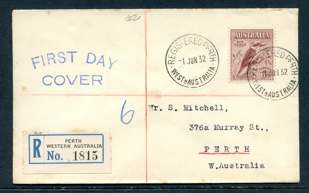 1932 (1st June) 6d kookaburra on Mitchell typed ... Image 1++