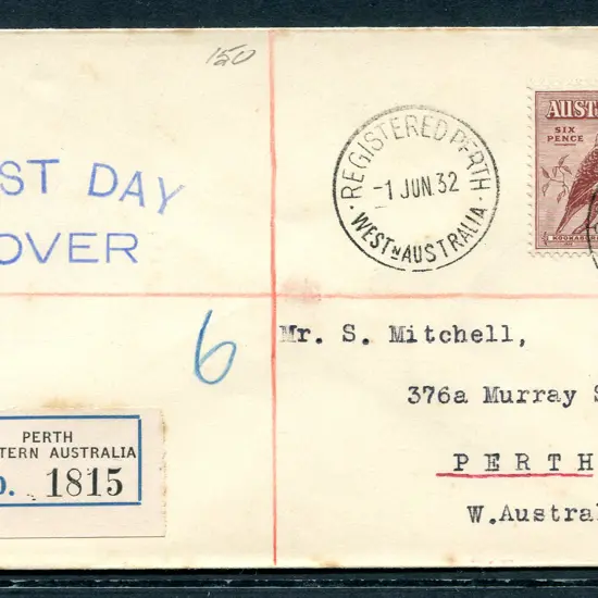1932 (1st June) 6d kookaburra on Mitchell typed ...