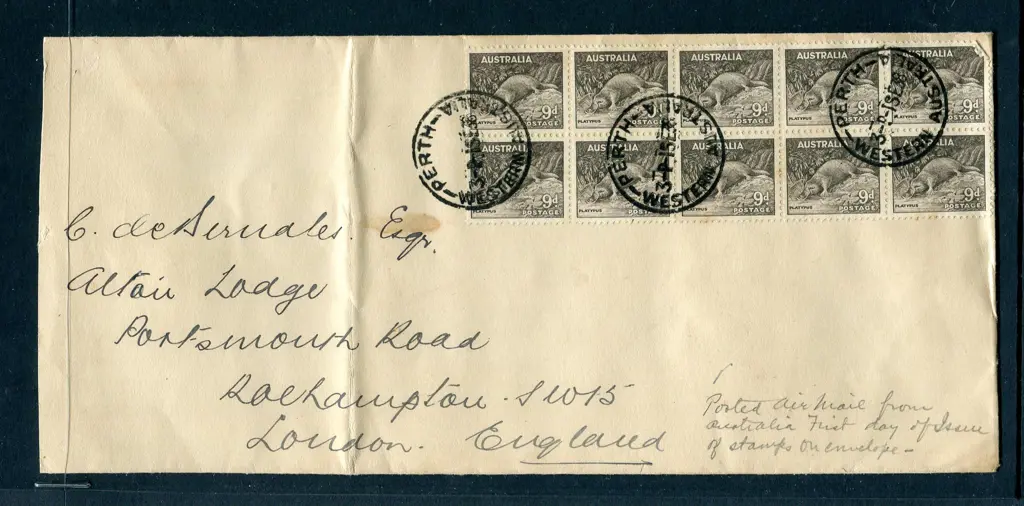 1938 (1st Sept) 9d platypus block of 10 tied by ... Image 1++