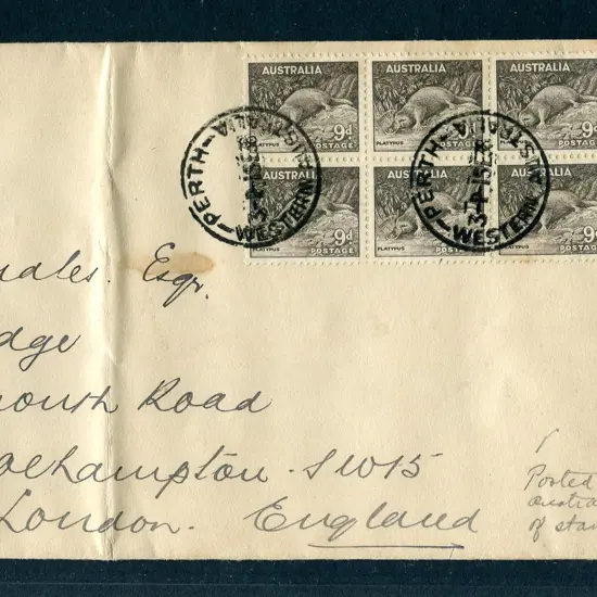 1938 (1st Sept) 9d platypus block of 10 tied by ...
