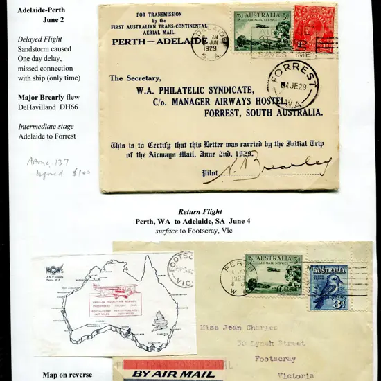 1929 (2nd & 4th June) Adelaide to Perth & return ...