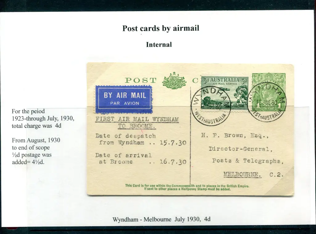 1930 (15th July) Wyndham to Broome 1d green KGV ... Image 1++