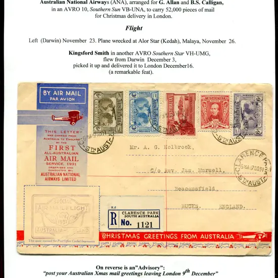 1931 (17th Nov) Australia to England illust. cover ...