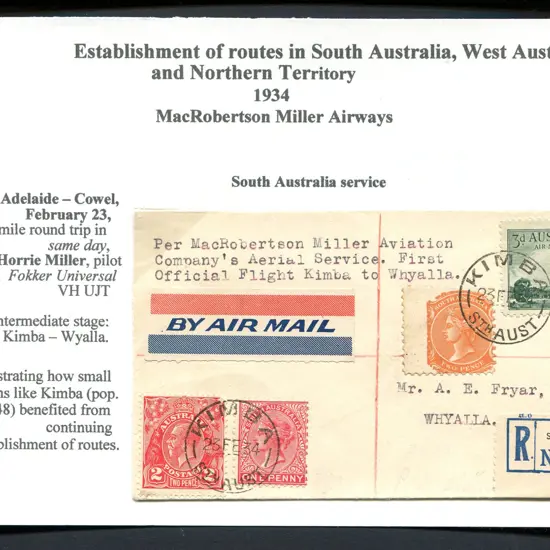 1934 (23rd Feb) "Per MacRobertson Miller Aviation ...