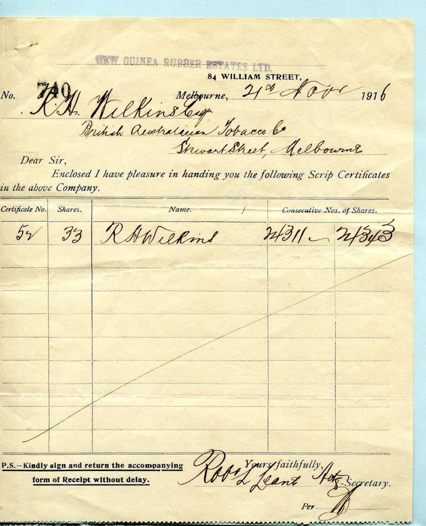 Scripophily (Share Certificates) 1916 New Guinea ... Image 1++