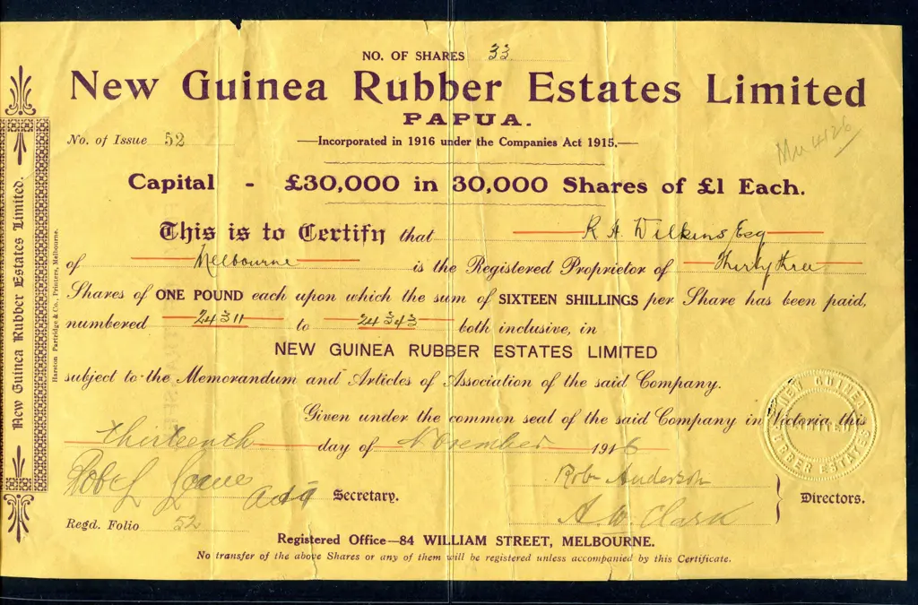 Scripophily (Share Certificates) 1916 New Guinea ... Image 1++