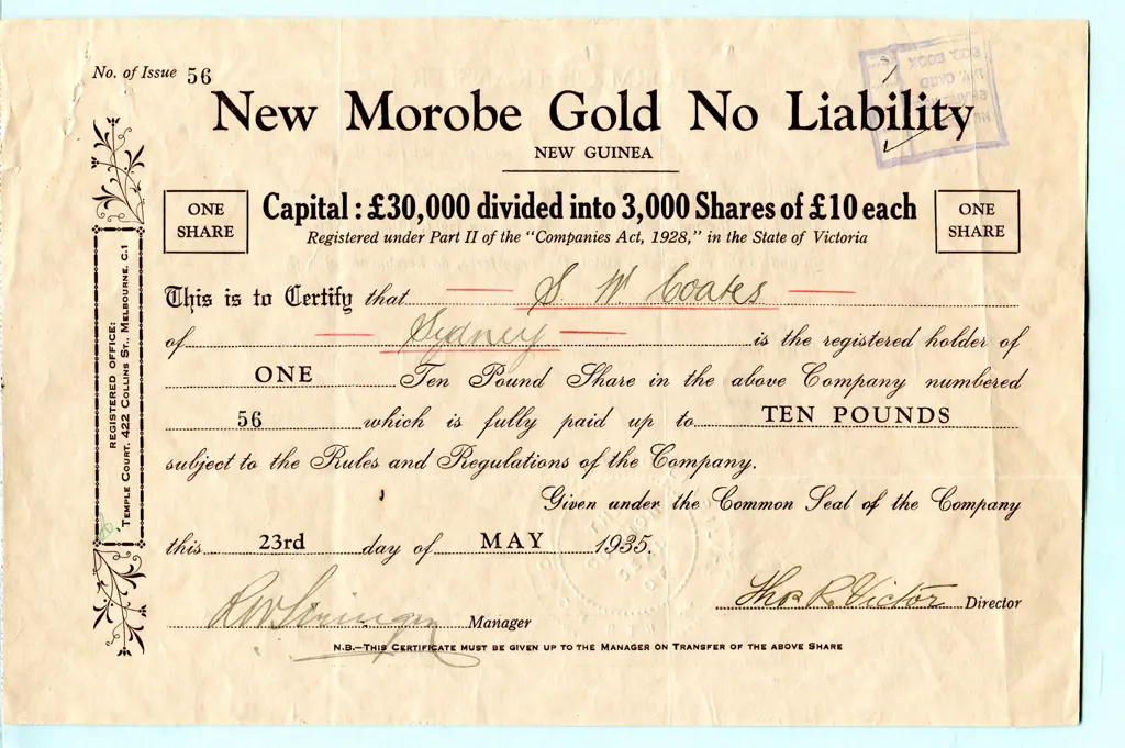 Scripophily (Share Certificates) 1916 New Guinea ... Image 1++