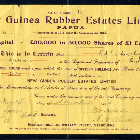 Scripophily (Share Certificates) 1916 New Guinea ...