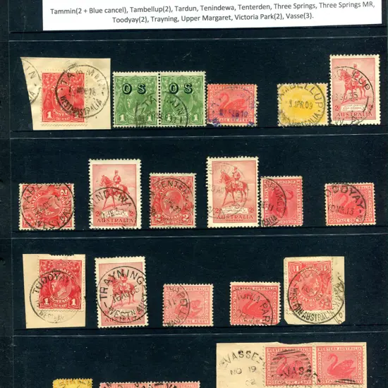 Postmarks "T", "U" & "V" town names incl Tammin ...