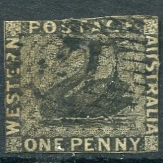 1854 1d black with 3 close margins, cutting into ...