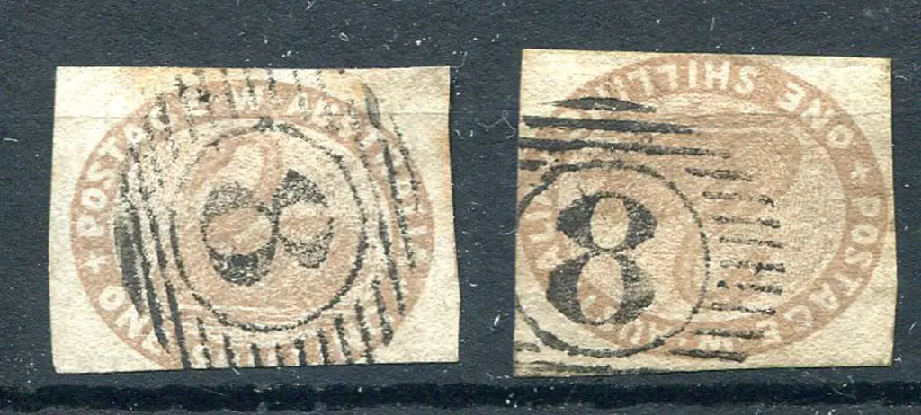 1855 1/- pale brown x 2 with design clear on 2 & 3 ... Image 1++