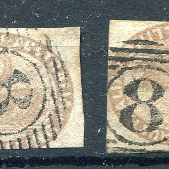 1855 1/- pale brown x 2 with design clear on 2 & 3 ...