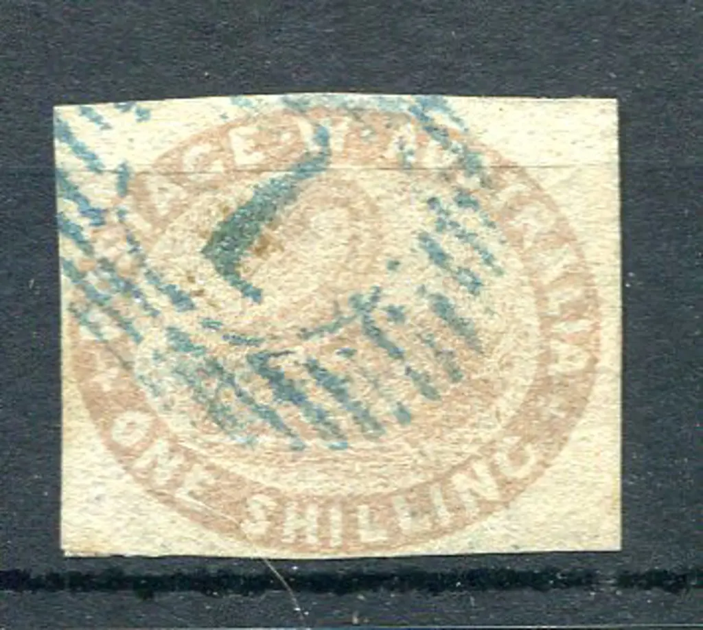 1853 1/- pale brown F/U with 15 bar "1" in blue ... Image 1++