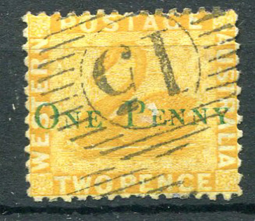 1874 2d yellow with "ONE PENNY" surcharge in green ... Image 1++