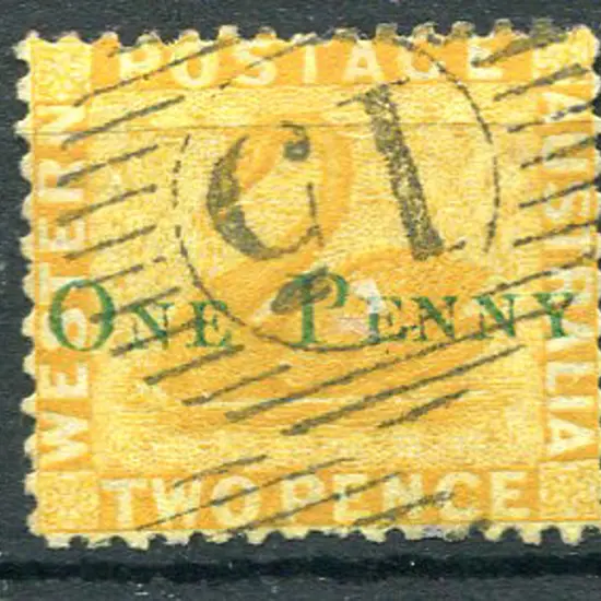 1874 2d yellow with "ONE PENNY" surcharge in green ...
