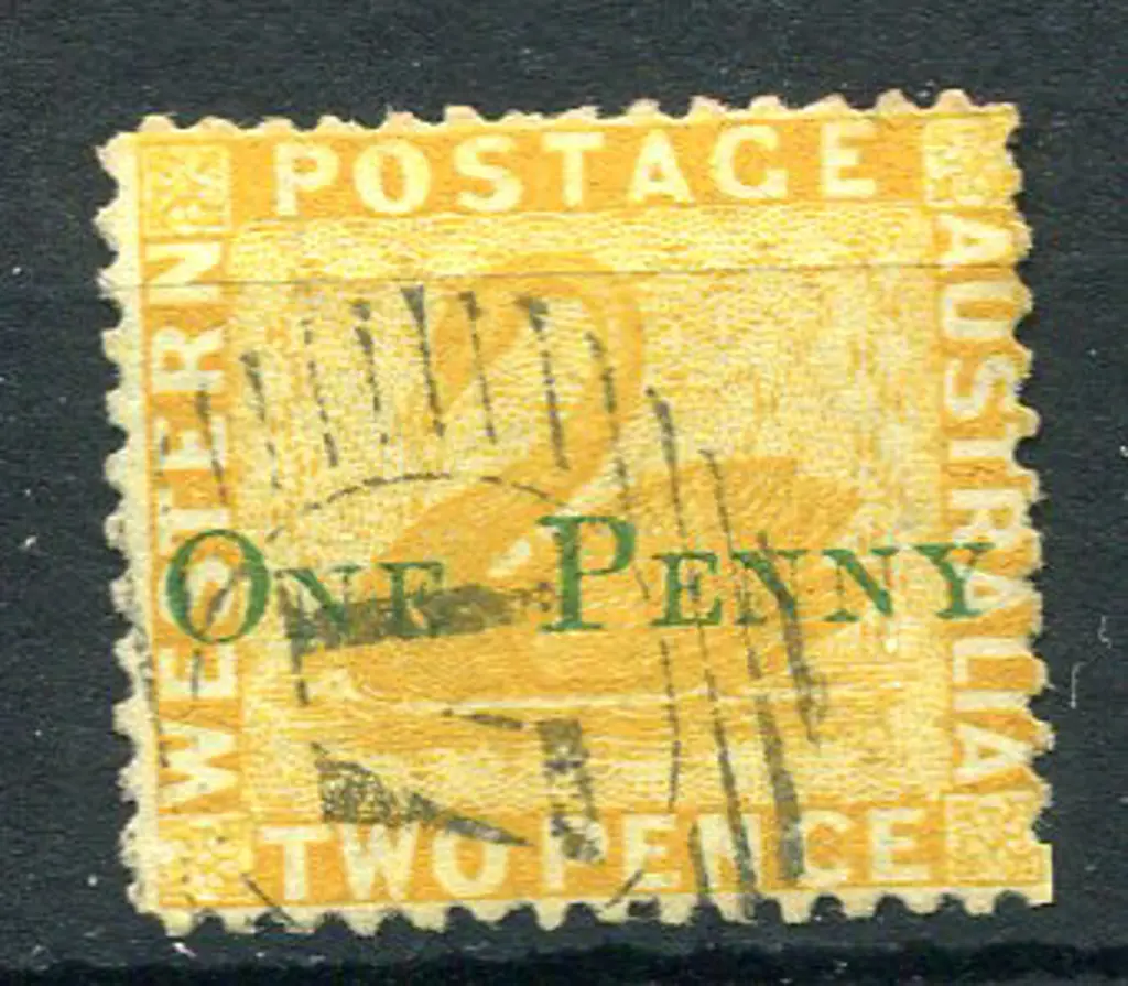 1874 2d yellow with "ONE PENNY" surcharge in green ... Image 1++