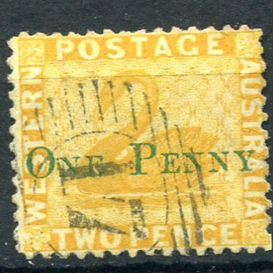 1874 2d yellow with "ONE PENNY" surcharge in green ...
