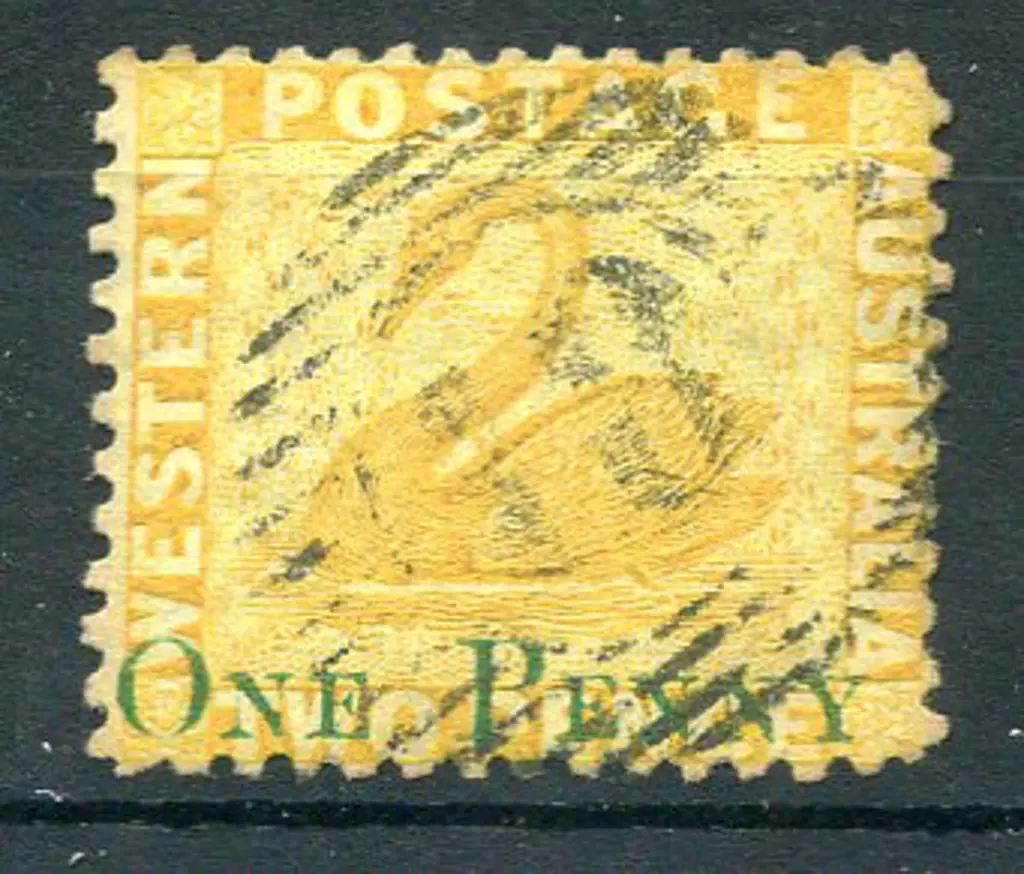 1874 2d yellow with "ONE PENNY" surcharge in green ... Image 1++