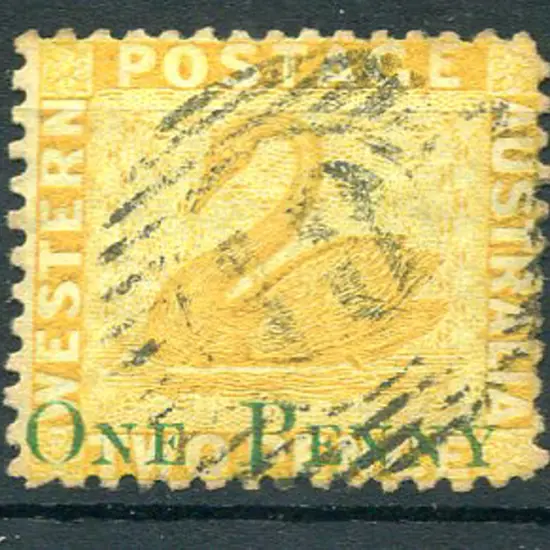 1874 2d yellow with "ONE PENNY" surcharge in green ...