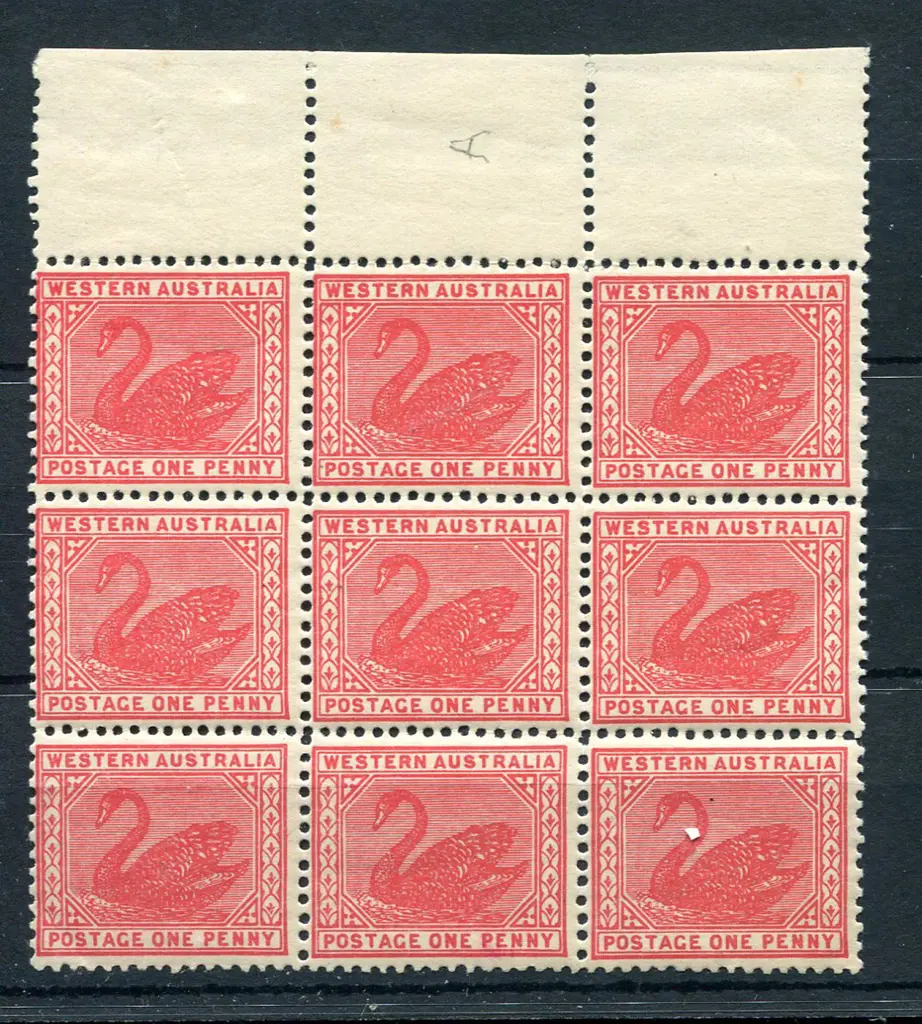 1909 1d carmine, Crown/A wmk top selvedge block of ... Image 1++