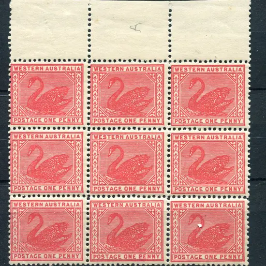 1909 1d carmine, Crown/A wmk top selvedge block of ...