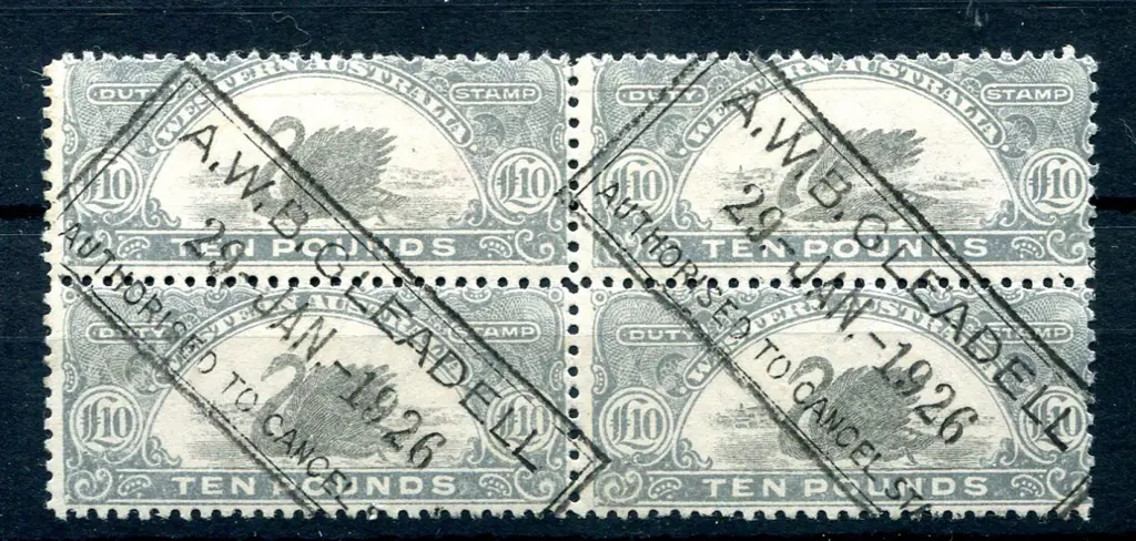 1920/23 £10 grey, perf. 11. Fine used block of 4 ... Image 1++
