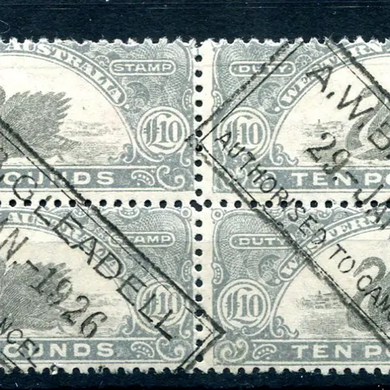 1920/23 £10 grey, perf. 11. Fine used block of 4 ...