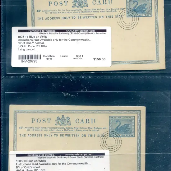1903 1d blue on white stock x 2, both with UPU ...