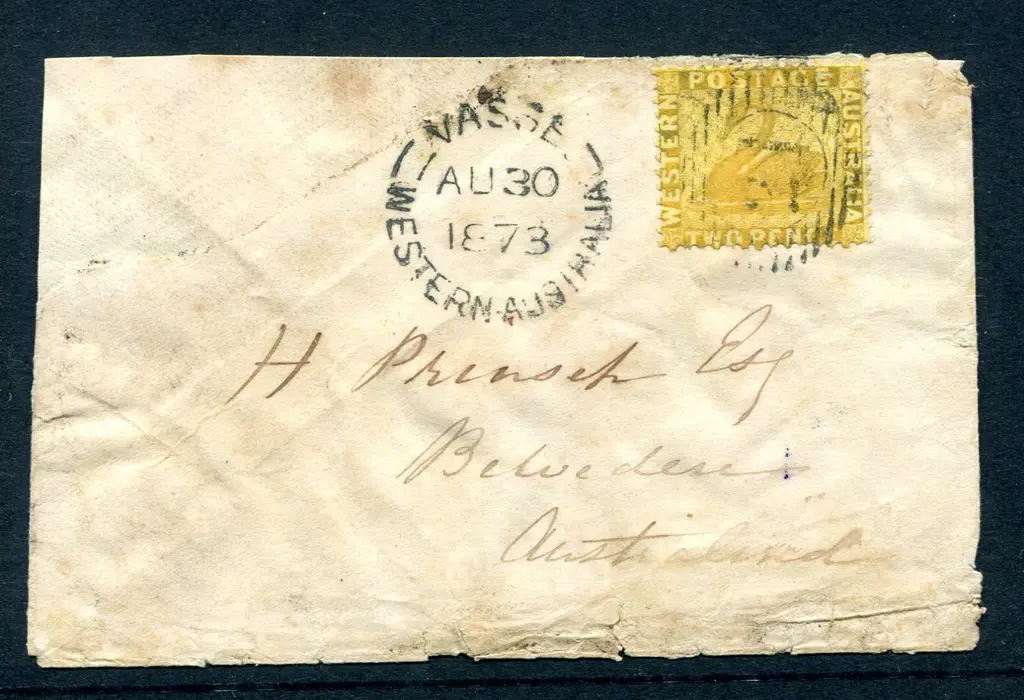 1873 (30th Aug) 2d yellow swan, perf. 12½ tied by ... Image 1++