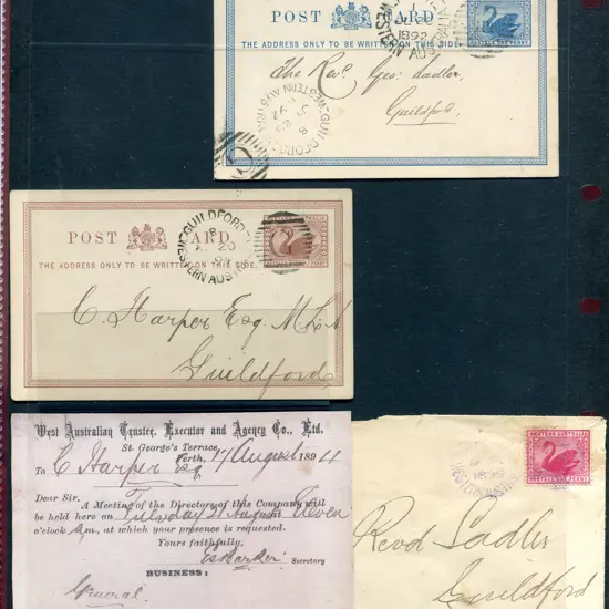 1892 (28th July) 1d blue swan Post Card tied by ...