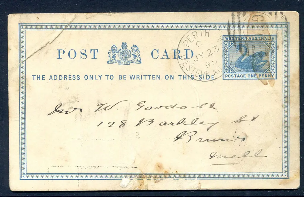 1895 (23rd July) 1d blue swan Postcard (PC 2) tied ... Image 1++