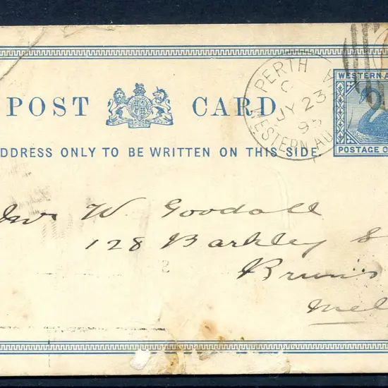 1895 (23rd July) 1d blue swan Postcard (PC 2) tied ...