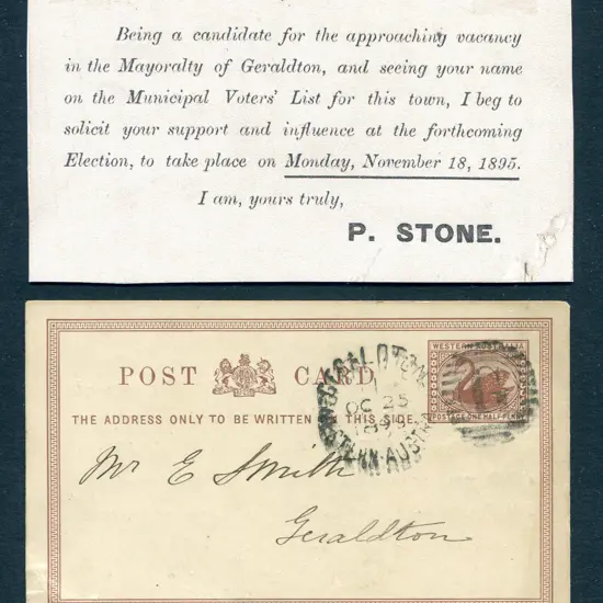 1895 (25th Oct) ½d brown Post Card (PC1) tied by ...