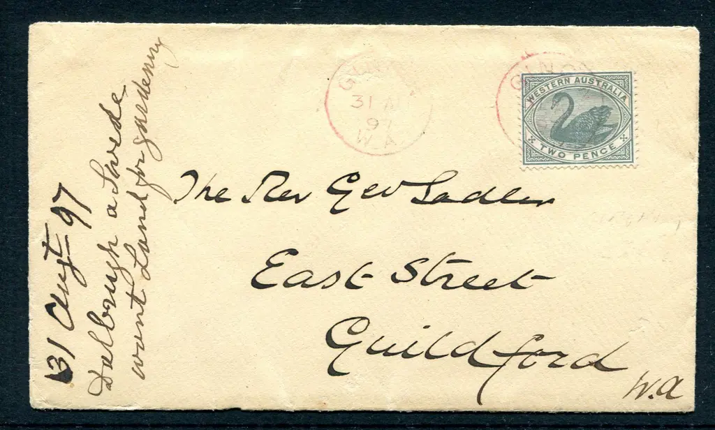 1897 (31st Aug) Gingin to Guildford cover with  2d ... Image 1++